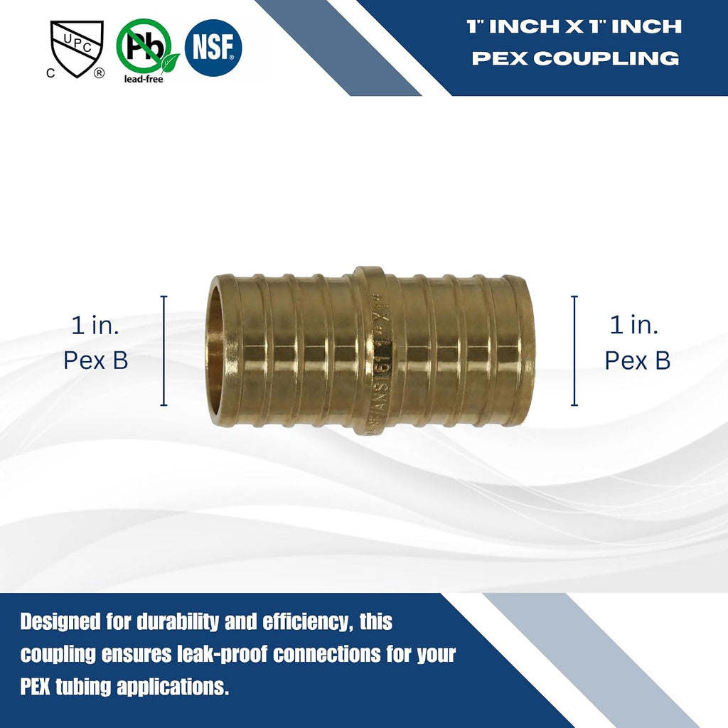 10 PIECES XFITTING 1" X 1" PEX COUPLINGS - BRASS CRIMP FITTINGS, BRASS, FULL PORT