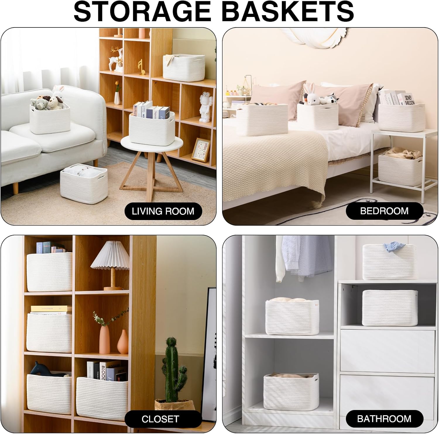 Storage Baskets for Organizing, Woven Basket for Storage, Storage Baskets Bin for Shelves, Cotton Rope Basket with