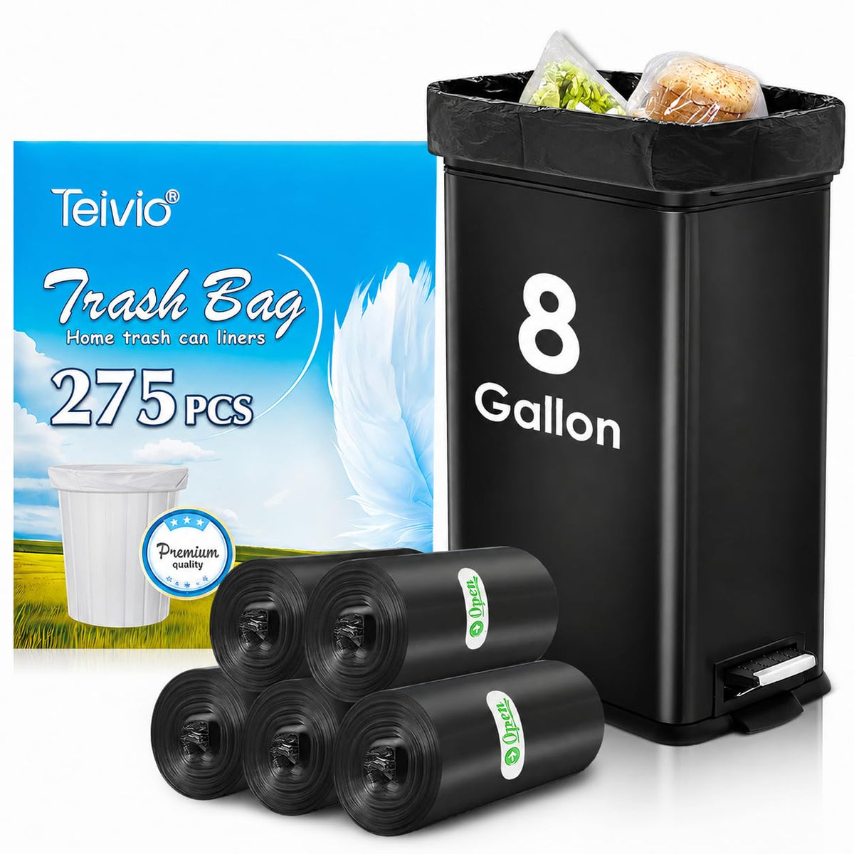 Medium Black Trash Bags 8 Gallon 275 Count Kitchen Garbage Bags