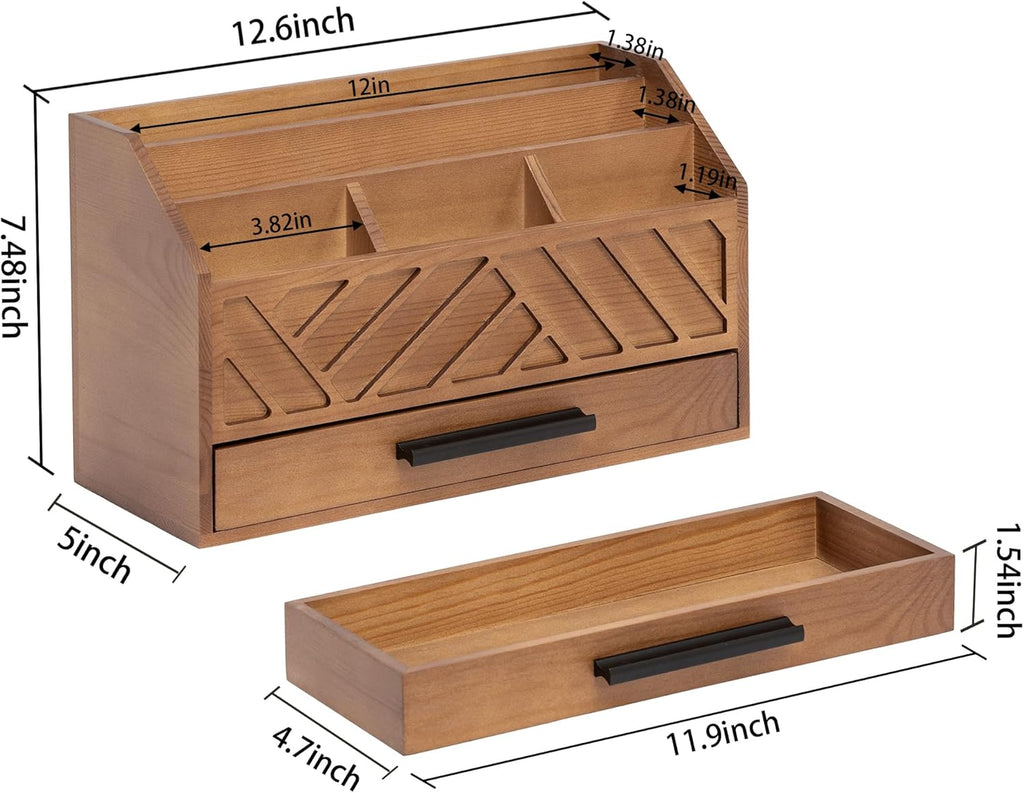 Brown Wood Desk Organizer and Accessories with Drawer, Bill Mail Organizer and File Mail Holder for Office Supplies