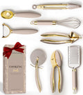 Gold and Beige Kitchen Utensils Set – 8 PC Cooking Gadgets with Mini Gold Whisk and Tongs, Pizza Cutter, Garlic