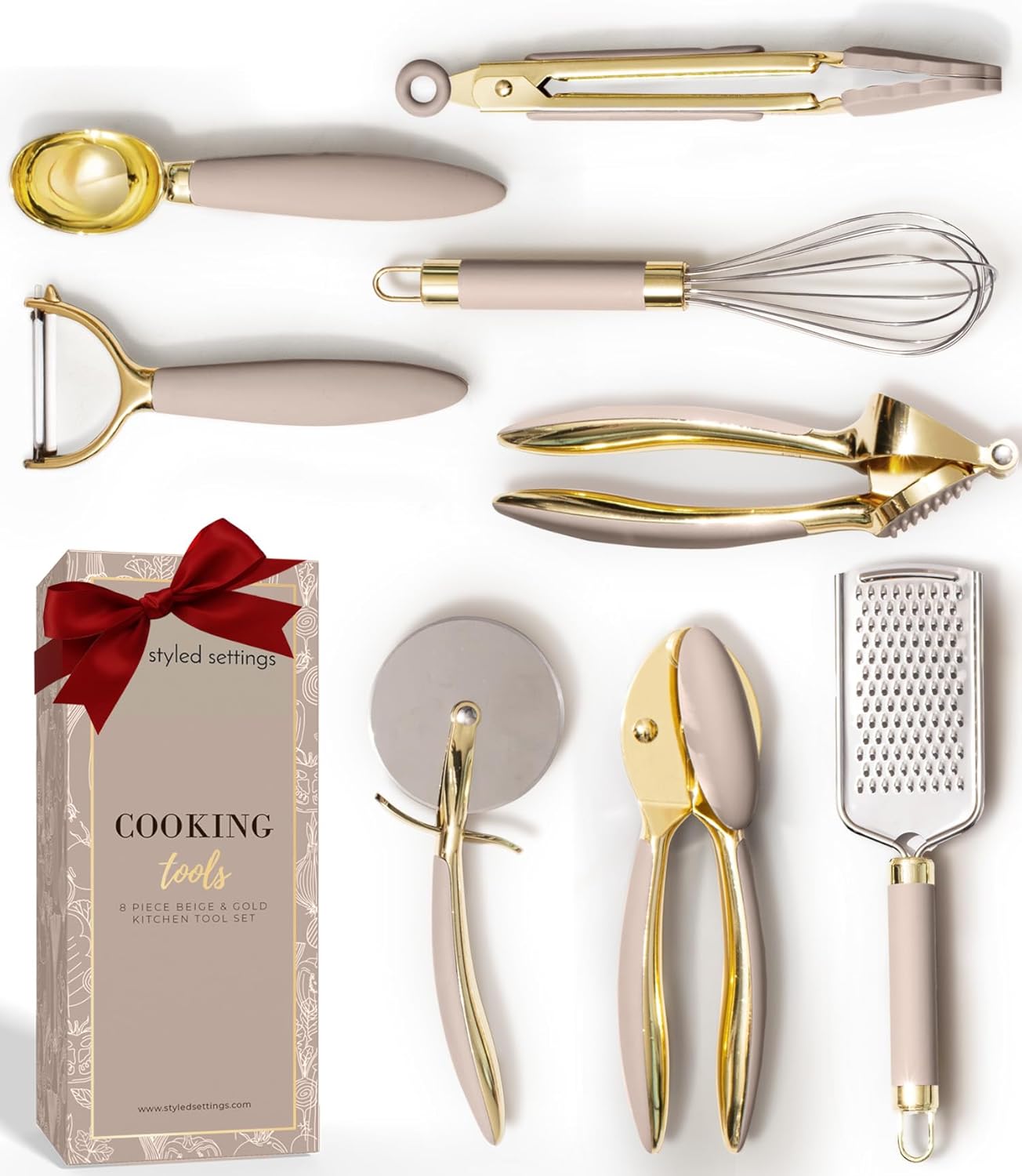 Gold and Beige Kitchen Utensils Set – 8 PC Cooking Gadgets with Mini Gold Whisk and Tongs, Pizza Cutter, Garlic