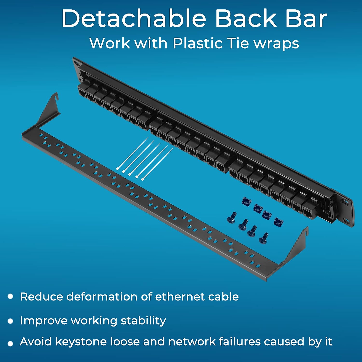 Patch Panel 24 Port Cat6 with Inline Keystone 10G Support, Pass-Thru Coupler Patch Panel UTP 19-Inch with Removable