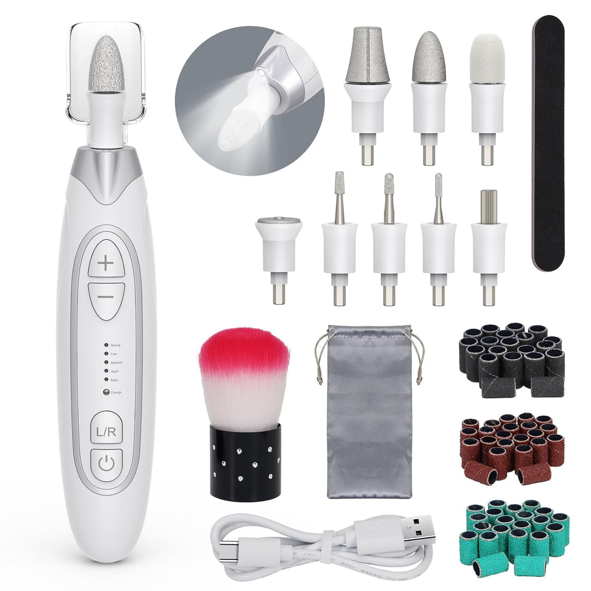 Electric Nail File, Manicure and Pedicure Kit 5 Speeds & LED Light