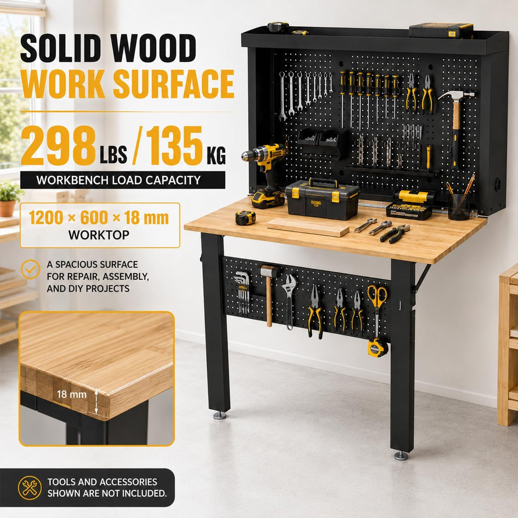 Wall Mounted Fold Down Workbench with Pegboard Organizer, Heavy Duty Folding Work Table with Storage Shelf, Space