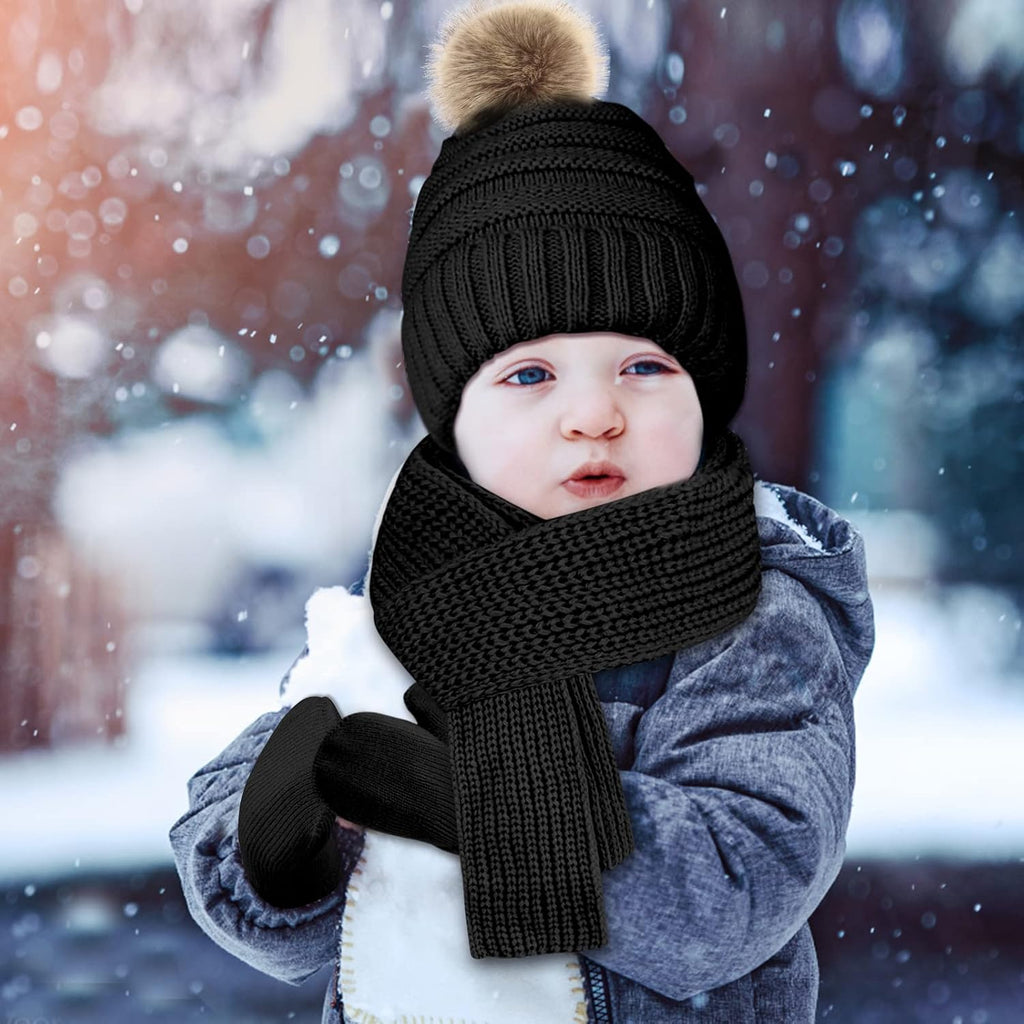 Kids Winter Hats Gloves Scarf Set Baby Mittens Gloves with Pompom Baby Winter Hat Toddler Beanie Hat for Boy Girl