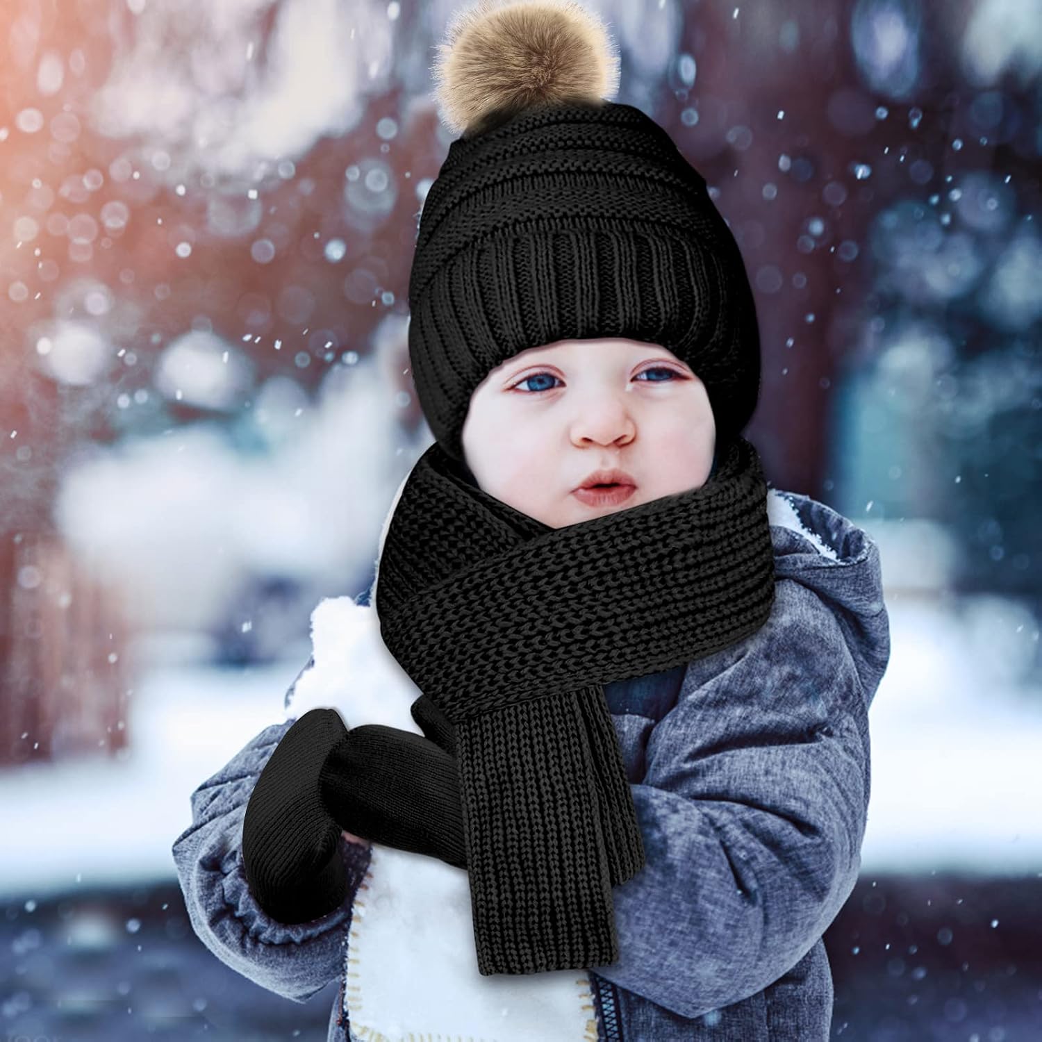 Kids Winter Hats Gloves Scarf Set Baby Mittens Gloves with Pompom Baby Winter Hat Toddler Beanie Hat for Boy Girl