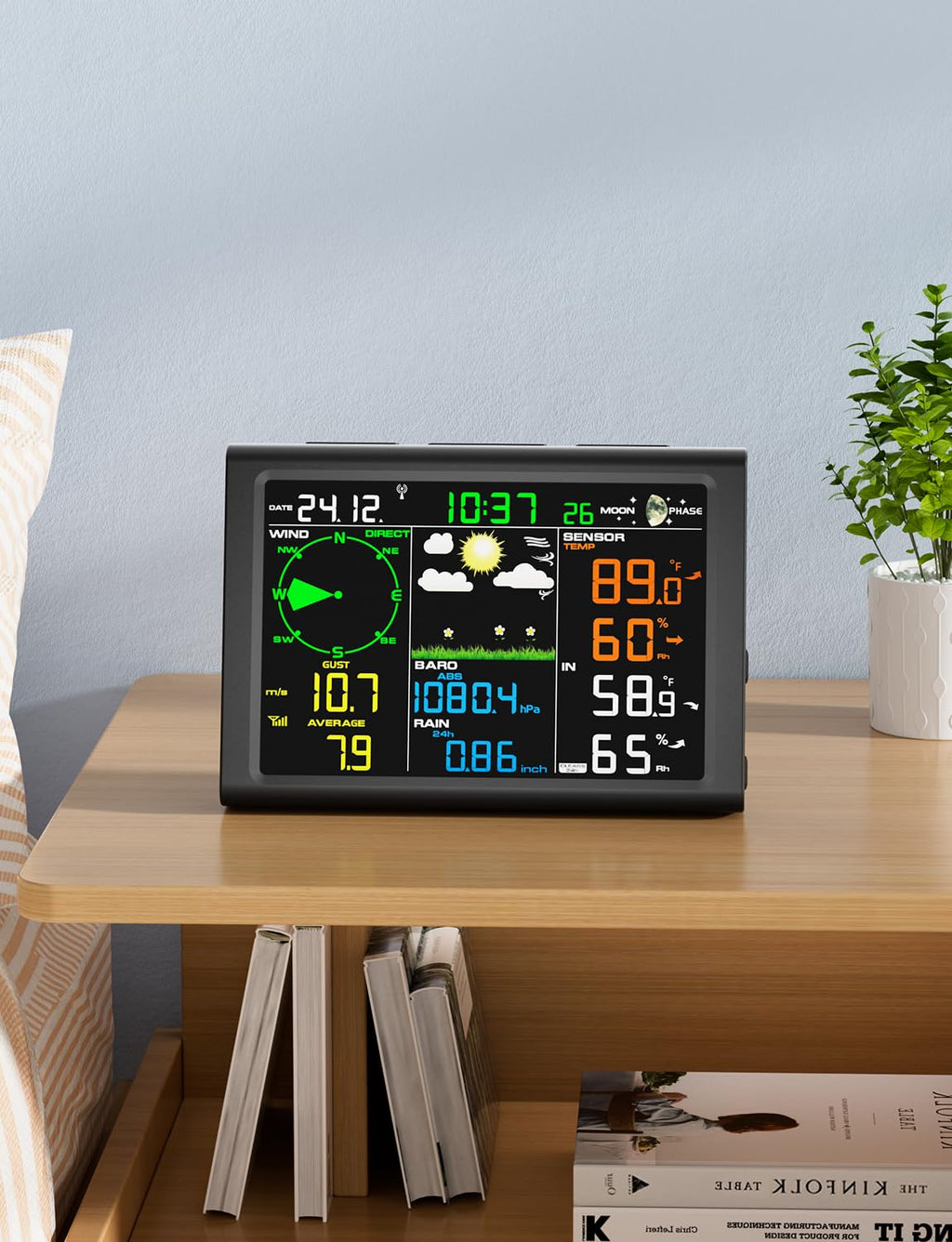 Wireless Weather Station with Outdoor Wireless Sensor,Radio Controlled Clock,Rain Gauge,Wind Speed/Direction,Moon