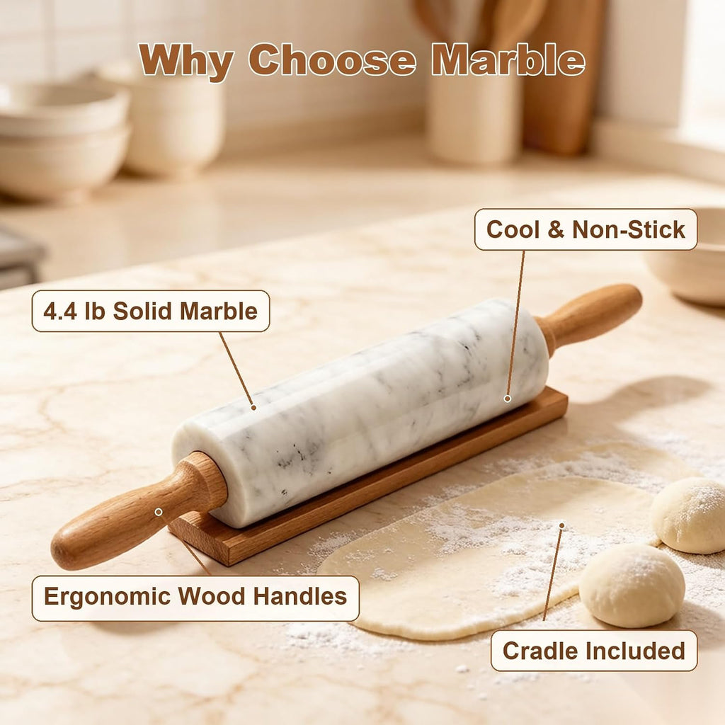 White Heavy Marble Dough Rolling Pin for Baking, 10 inch Barrel