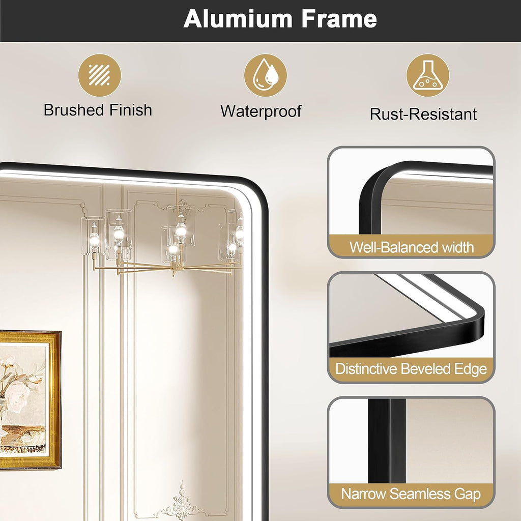 40x28 Inch LED Bathroom Mirror with Lights, Black Metal Framed LED Mirror for Bathroom, 3 Colors and Stepless