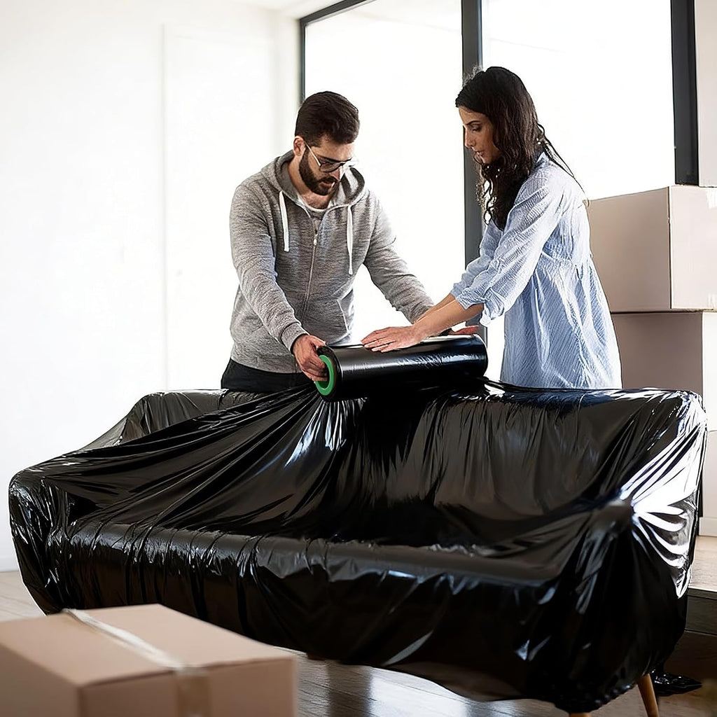 2 Rolls Black Stretch Wrap 18" x 1000FT x 80 Gauge Heavy Duty Film | Heavy Duty Black Stretch Wrap with Holder, 80