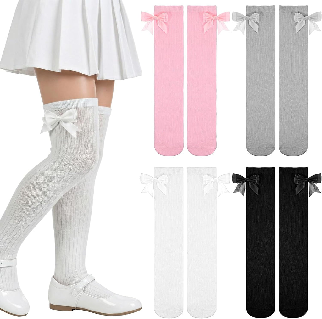 4 Pairs Bow Girls Knee High Socks, Soft Cute Long Socks for Girls Over Calf Stockings School Uniform Dress Sock