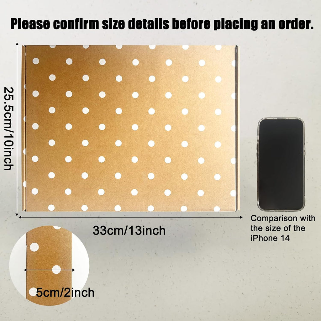 13" x 10" x 2" Shipping Boxes 25 Pack, Brown Corrugated Mailer Boxes, Kraft Cardboard Box White Polka Dot Printed