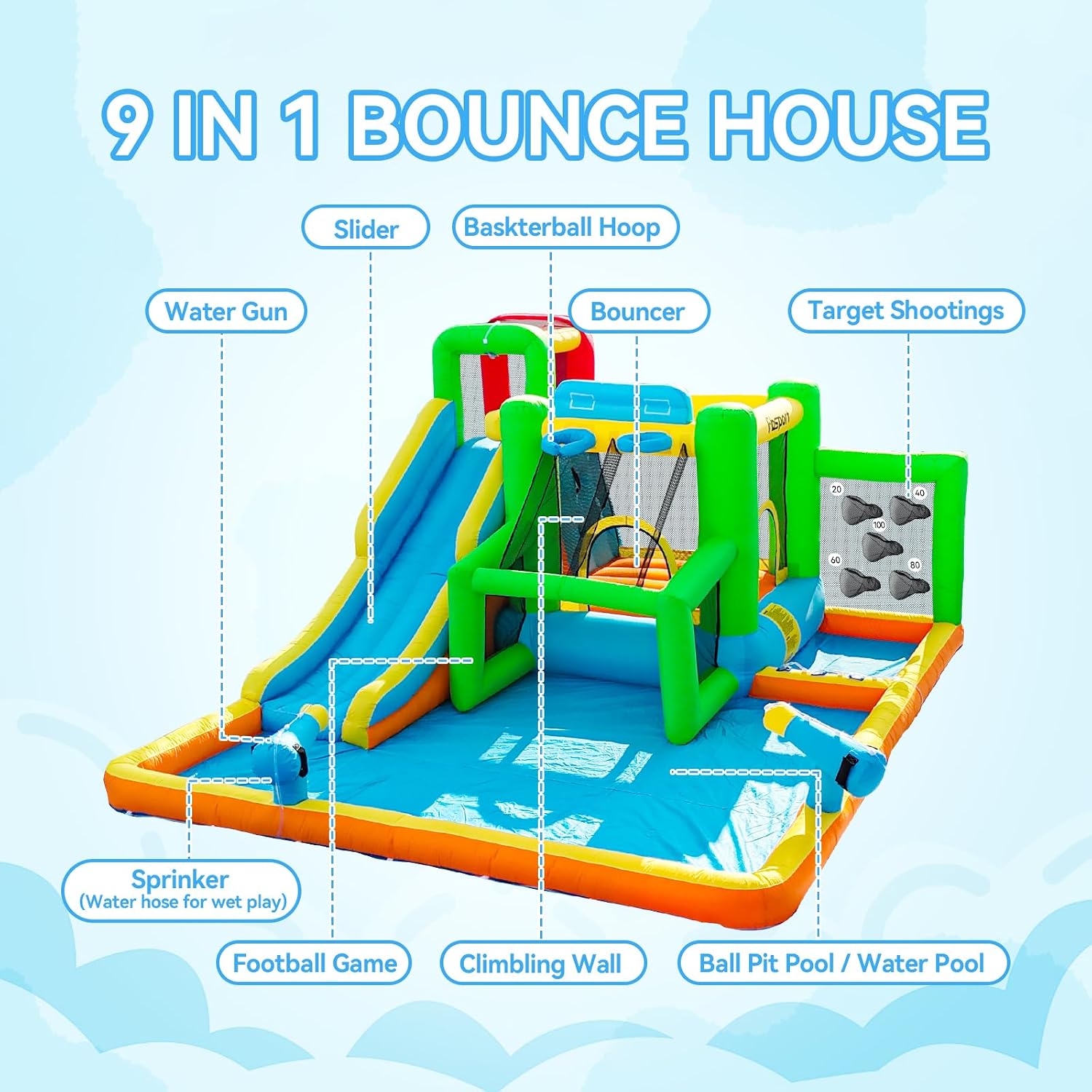 Inflatable Bounce House Water Slide, Bounce House for Kids Indoor Outdoor Bouncy House with 550W Blower, Bounce