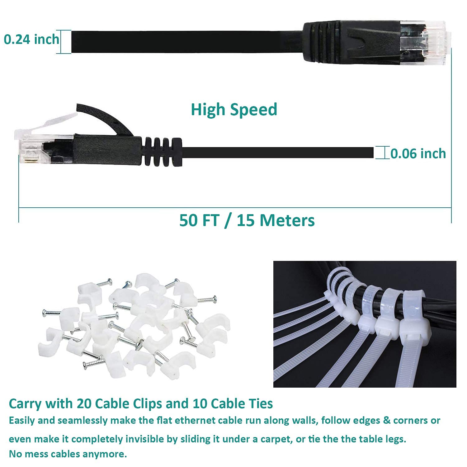Ethernet Cable 50 ft, Cat 6 LAN Cable Ethernet Cord, Slim Long Flat Computer Internet Patch Cord Wire with Clips &