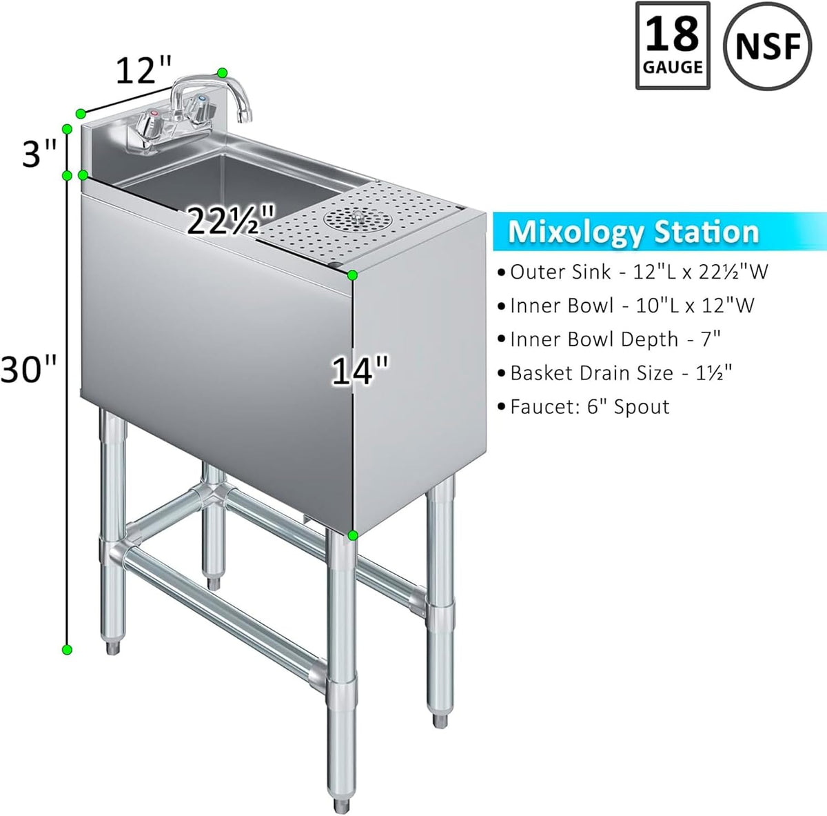 22.5" x 12" Underbar Mixology Station Bar Sink, Glass Rinser, Faucet, NSF
