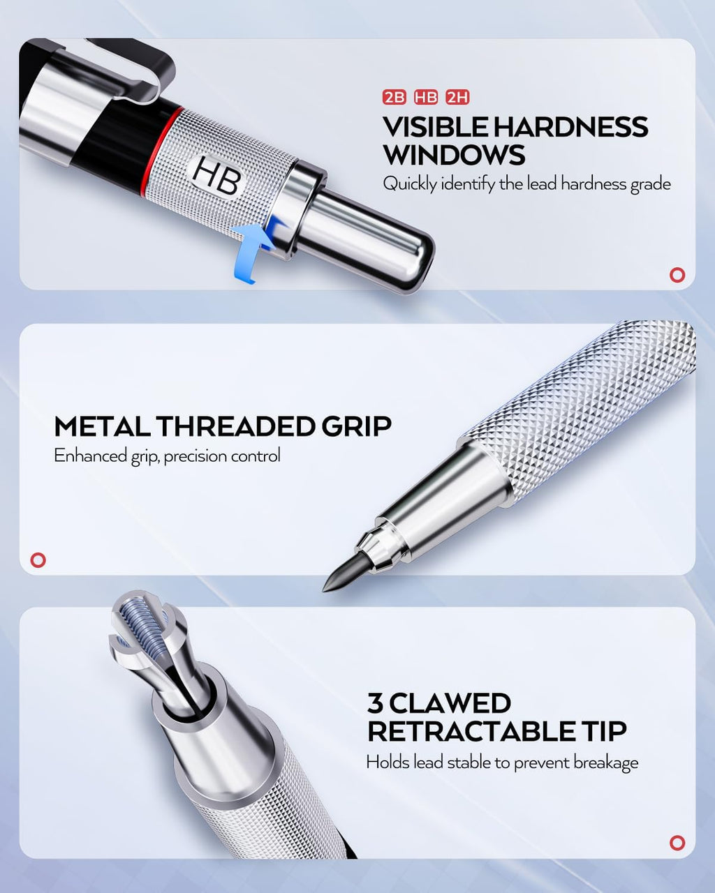 6PCS Art Mechanical Pencil Set, 3PCS Metal Drafting Pencil 0.5 mm & 0.7 mm & 0.9 mm & 3PCS 2mm Graphite Lead Holder