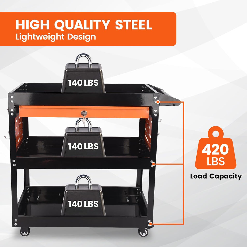 3-Tier Tool Cart with Wheels, 420 lbs Load Capacity Tool Storage Cart, Heavy Duty Metal Rolling with Drawers and
