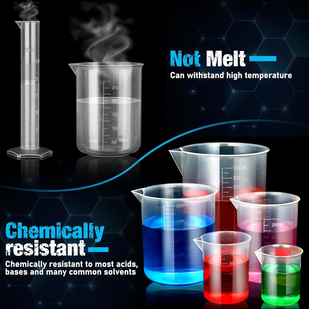 Plastic Graduated Cylinders and Beakers with 5 Pipettes, 10ml 25ml 50ml 100ml Cylinders, 50ml 100ml 250ml 500ml