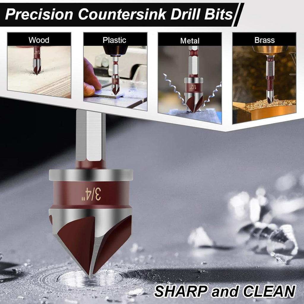 Countersink Drill Bit, 5PCS HSS Hex Shank Countersink Drill Bit Set