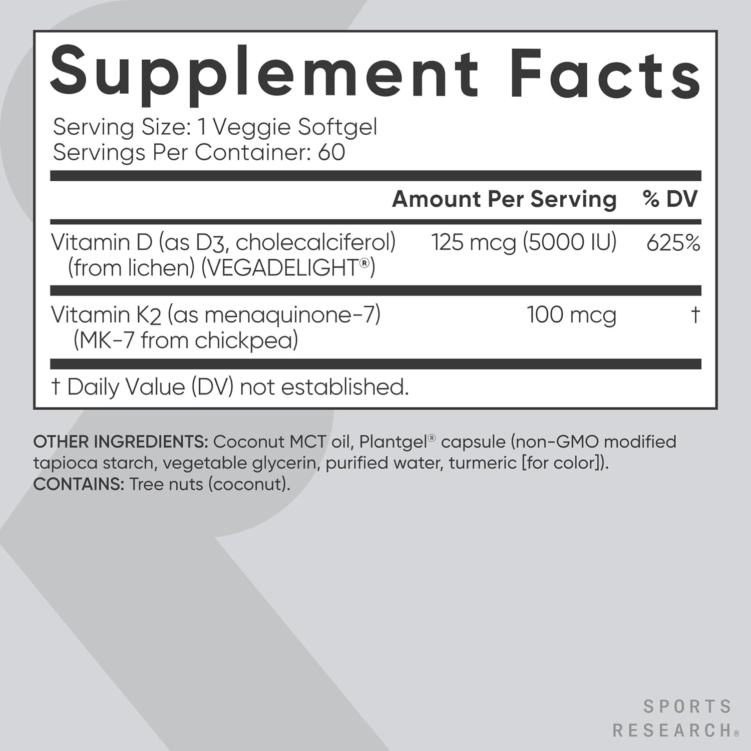 Vitamin D3 + K2 w/ Coconut Oil - Vegan Vitamin D 5000iu & Mk7 Vitamin K 100mcg for Bone & Immune Support - Vegan