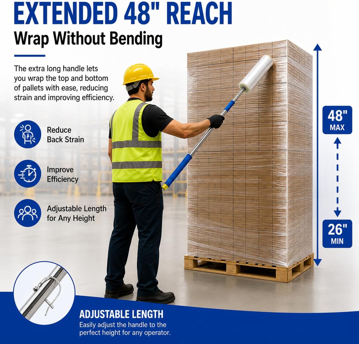 48 Inch Stretch Film Dispenser Pole Holder, Heavy Duty Long Handle Stretch Wrap Dispenser for Pallet Wrapping, Pallet