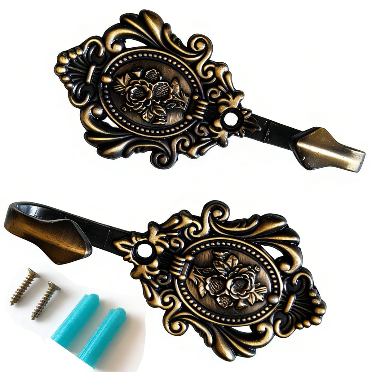 2Pcs Curtain Tiebacks Hook Vintage Bronze Rose Pattern Carved Wall Hooks