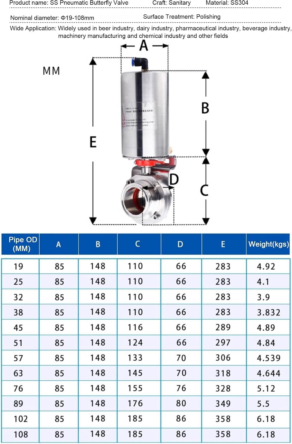2" SUS304 Tri Clamp Sanitary Pneumatic Dust Butterfly Valve with Single Acting Pneumatic Actuator