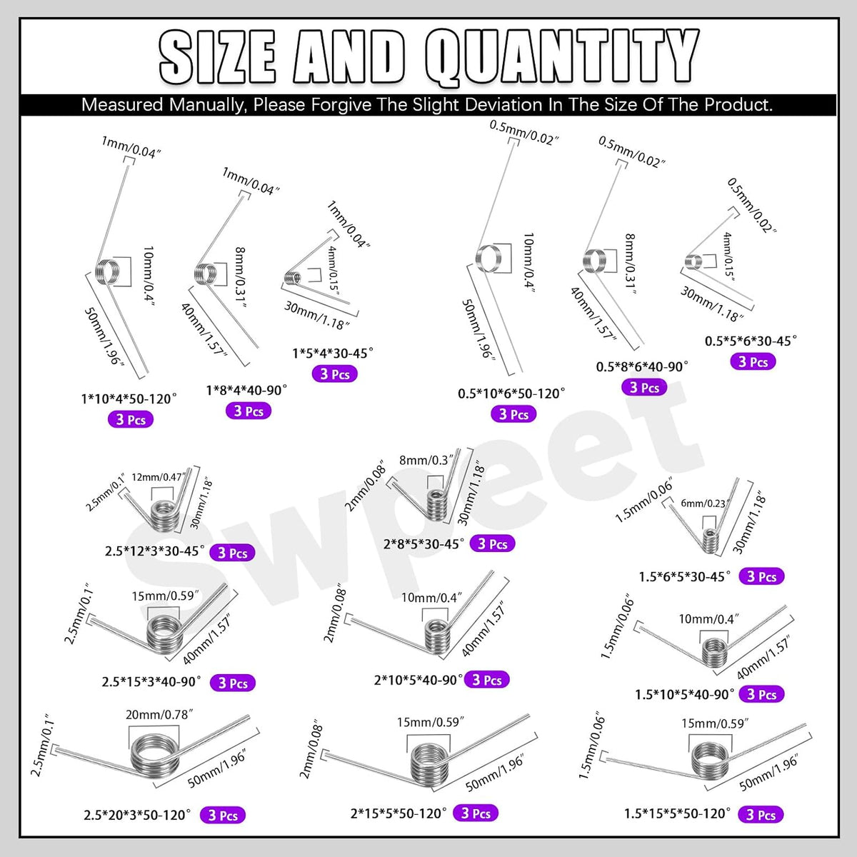45Pcs 15 Sizes 45/90/120 Degree Stainless Steel Torsional Springs Assortment Kit, Mechanical Small Torsion Spring for