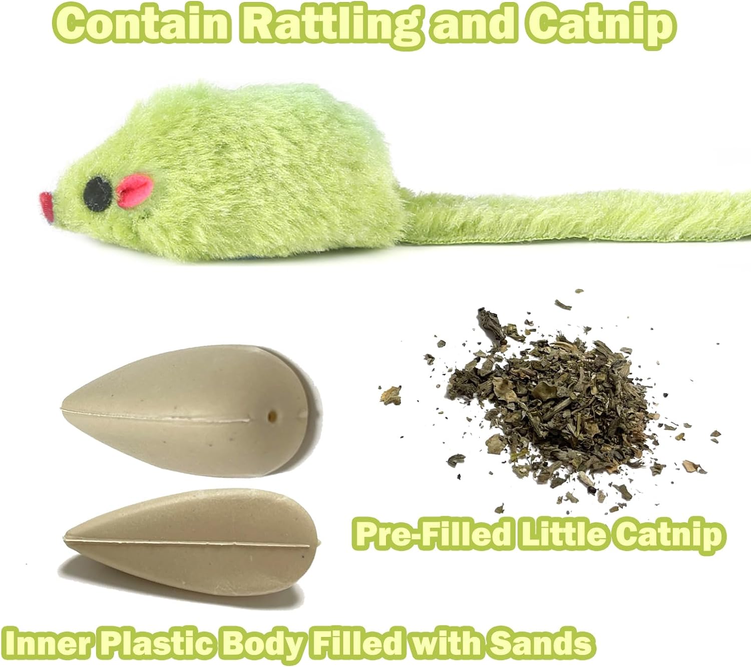 12PCS Rattle Cat Mouse Toys also Prefilled Catnip, 2.36” Mice Body Size, Faux Fur Cat Mice Toys with Plastic Body