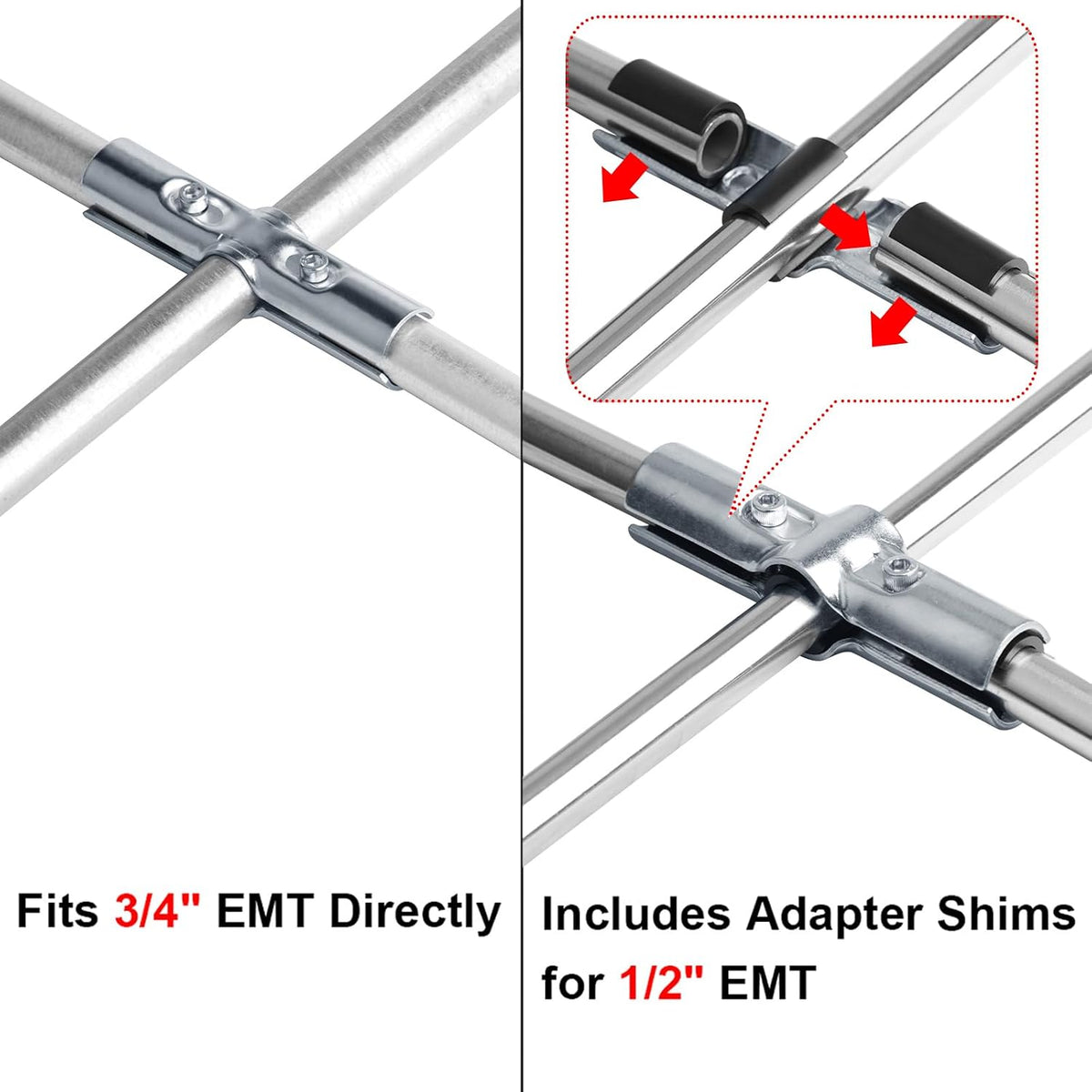 10 Sets 180 Degree Pipe Clamp Cross Connectors, Fits 3/4" EMT Directly | Adapter Shims for 1/2" EMT