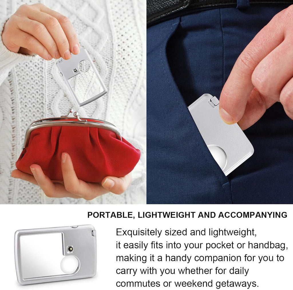3X & 6X Pocket Magnifying Glass with Light, Card Sized Magnifier (1PCS) | Plastic, double lens card shape small