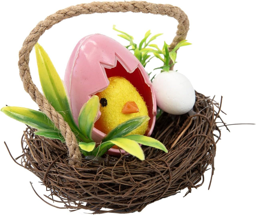 Easter Bunny Basket Decoration with Flowers, Woven Jute Basket with Handle, Spring Decor with Pastel Eggs(3D)
