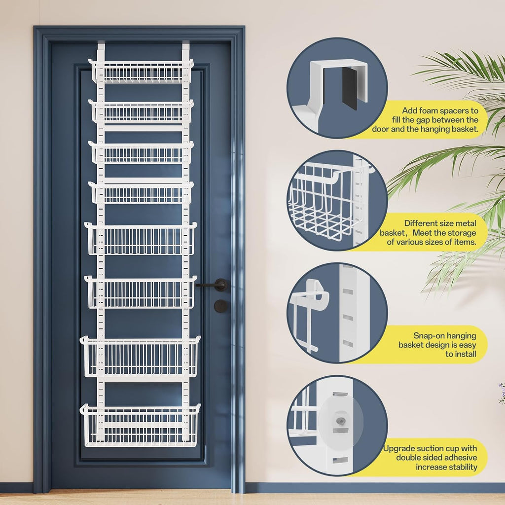Over The Door Pantry Organizer, 8-Tier Over The Door Organizer with Adjustable Baskets, Metal Hanging Spice Rack for