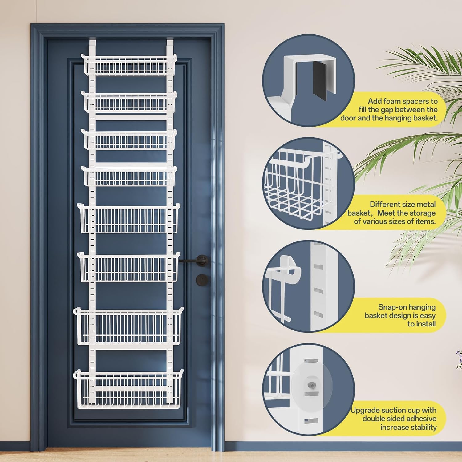 Over The Door Pantry Organizer, 8-Tier Over The Door Organizer with Adjustable Baskets, Metal Hanging Spice Rack for