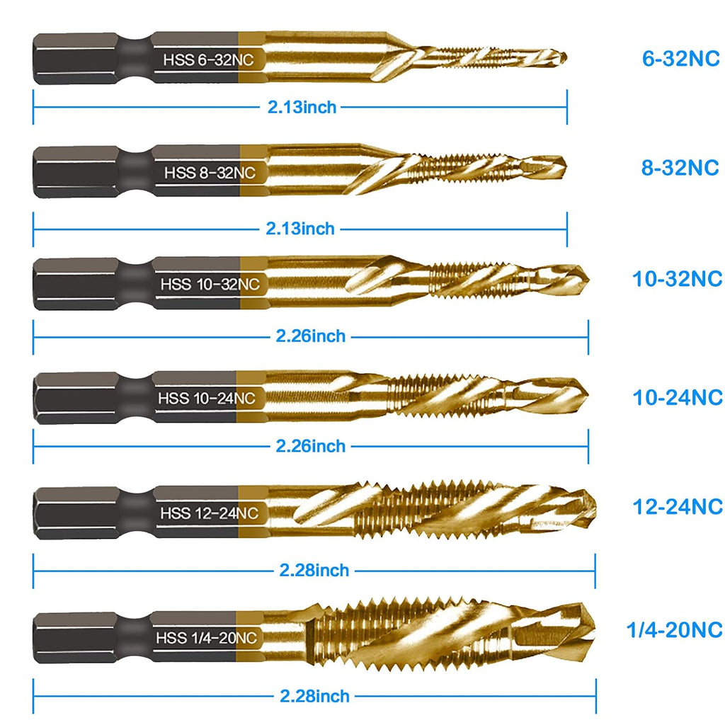 6 Packs Titanium Combination Drill & Taps Bit Set SAE 6-32nc 8-32nc 10-32nc 10-24nc 12-24nc 1/4-20nc.