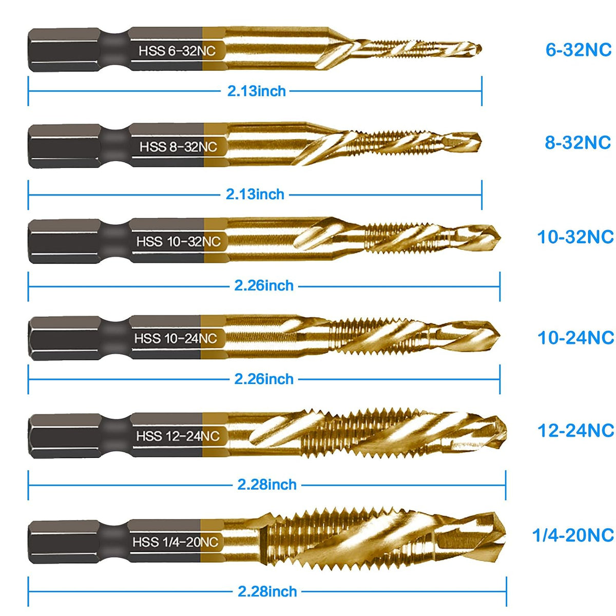 6 Packs Titanium Combination Drill & Taps Bit Set SAE 6-32nc 8-32nc 10-32nc 10-24nc 12-24nc 1/4-20nc.