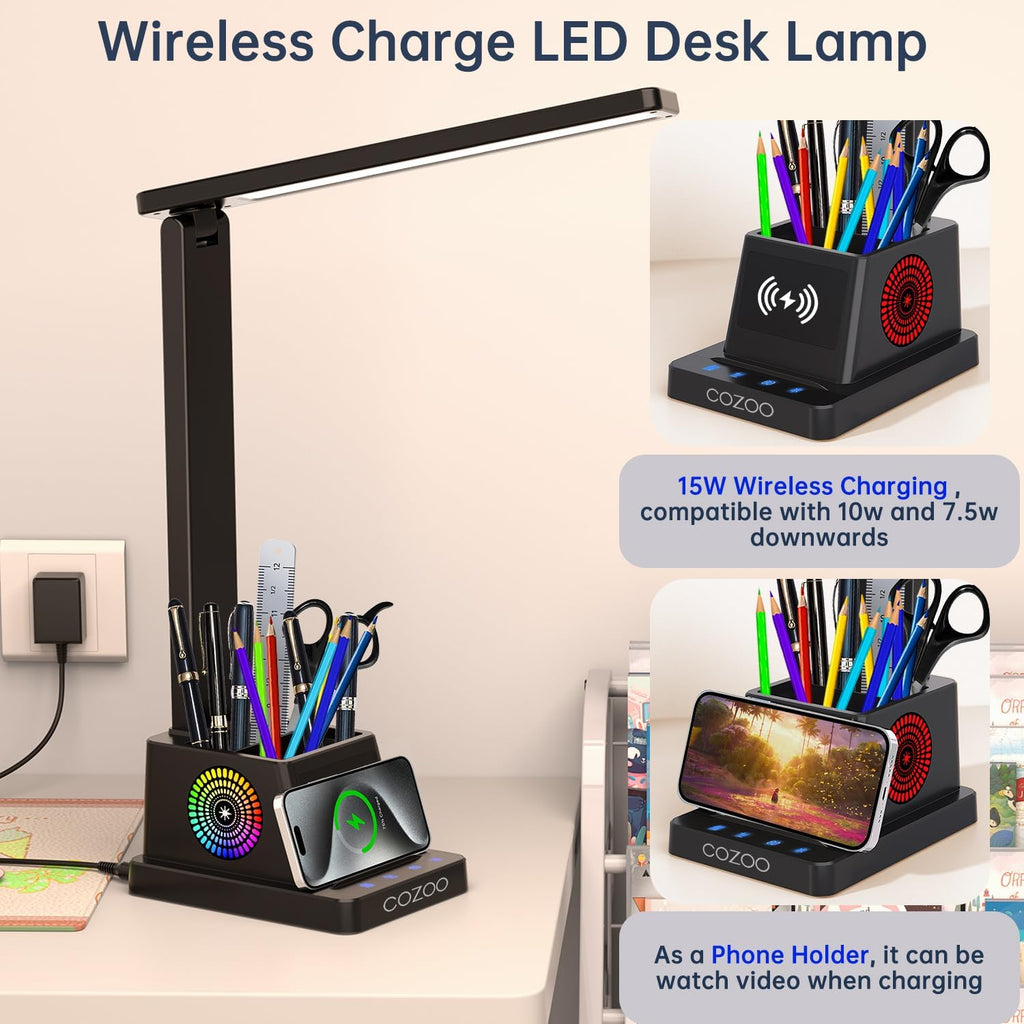 LED Desk Lamp for Home Office,15W Wireless Charger Pen Holder, Black | Desk Light for Bedroom Table, 3 Color Modes 4