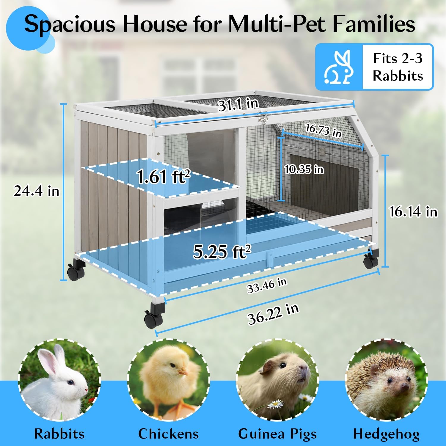 36" L Rabbit Hutch with Run, 2-Story Bunny Cage with Divider Panel | Pull-Out Tray, Wooden Small Animal Habitat with