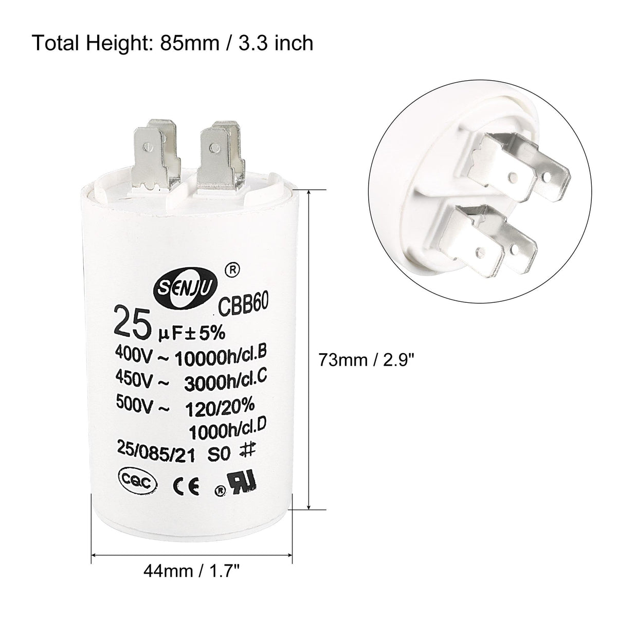 uxcell CBB60 Run Capacitor 25uF AC Double Insert Cylinder 73x44mm White
