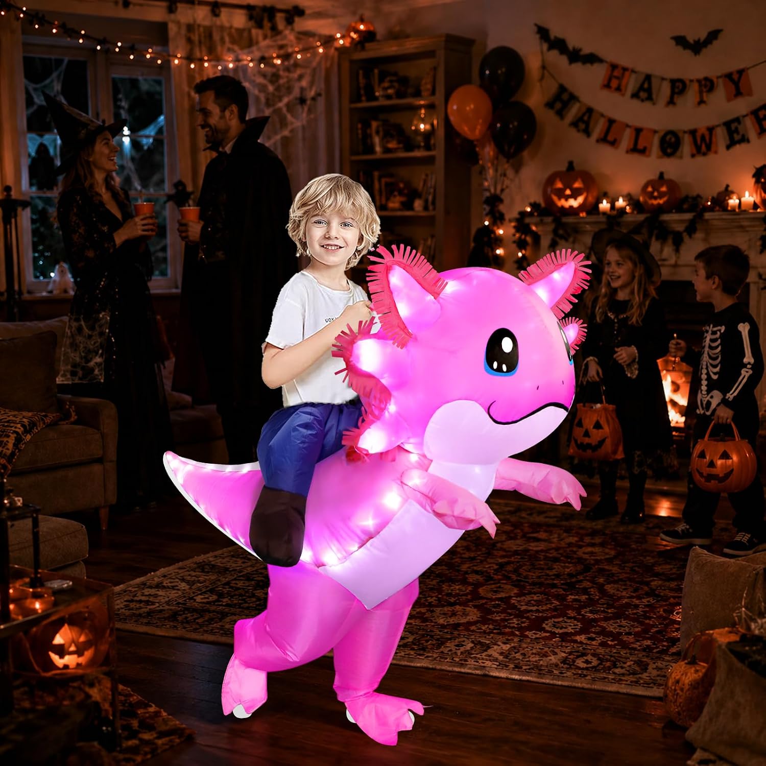 Inflatable Axolotl Costume for Kids with LED Lights, Ride-On Blow Up Halloween Cosplay Outfit for Girls and Boys