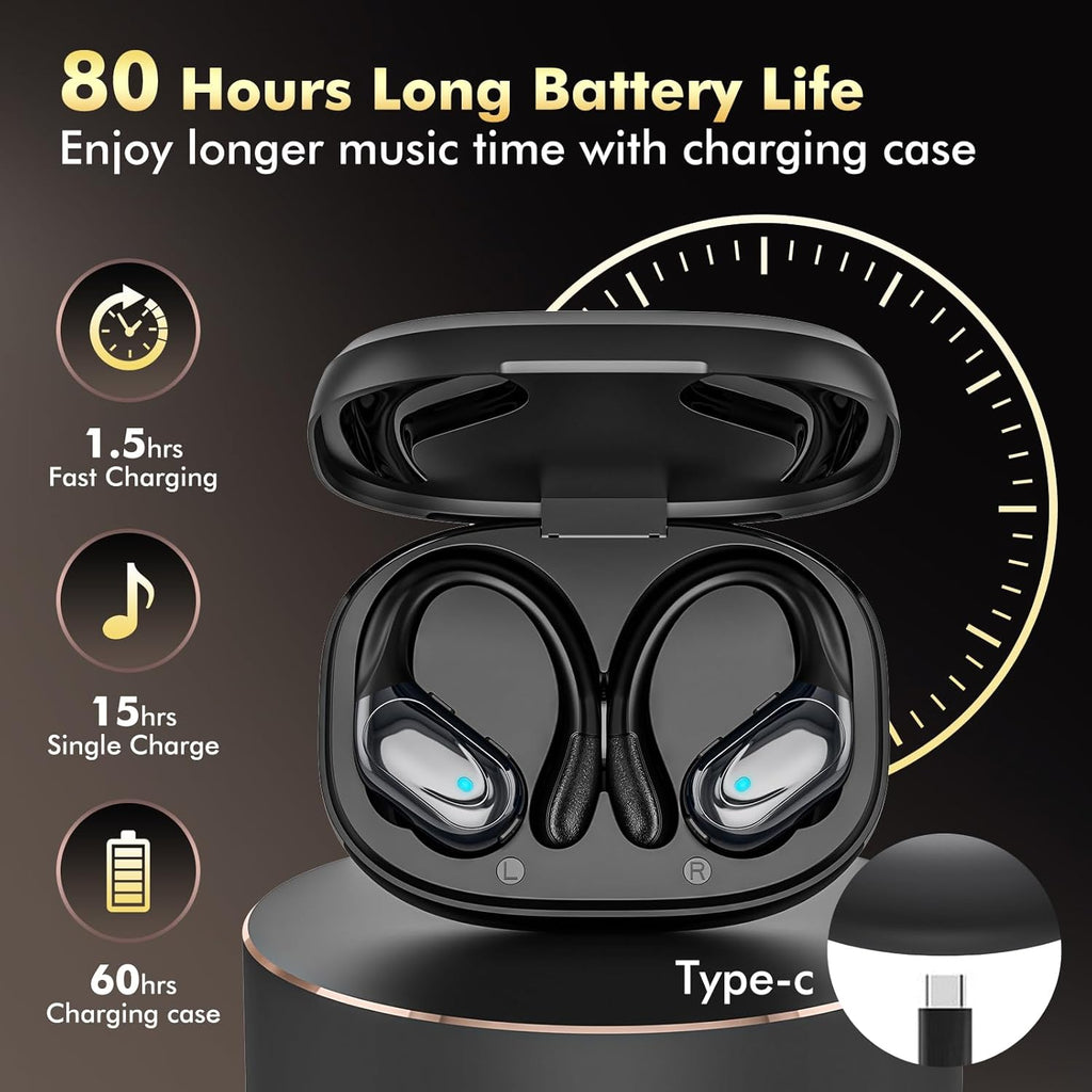 Wireless Earbuds, Sports Bluetooth Headphones, 80Hrs Playtime Ear Buds with LED Power Display, Noise Canceling