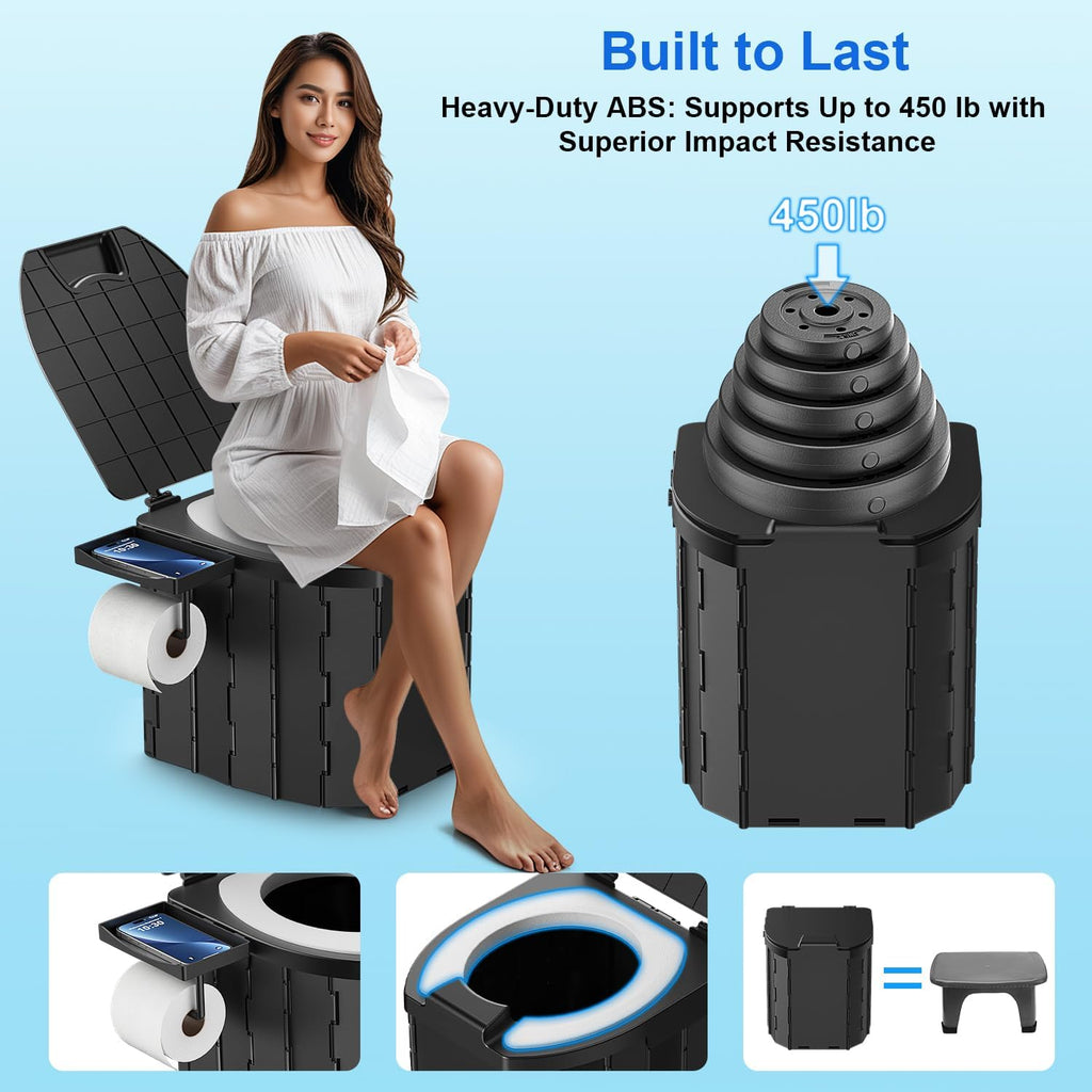 Portable Toilet for Adults, Foldable Camping Toilet Travel Floding Potty with Lid & Paper Holder, Upgrade Water