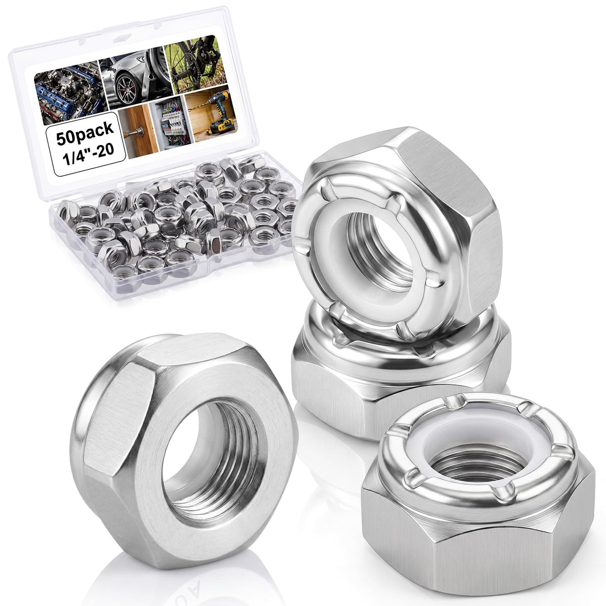 Shimeyao 50 Pack 1/4-20 Thin Nylon Insert Lock Nuts,Silver