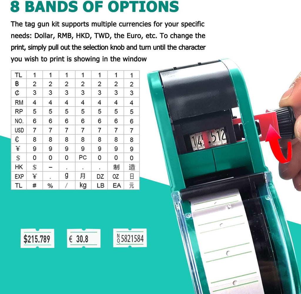 MX-5500 8 Digits Price Tag Gun with 5000 White Sticker Labels, Price Gun for Grocery Store Marking (Green)