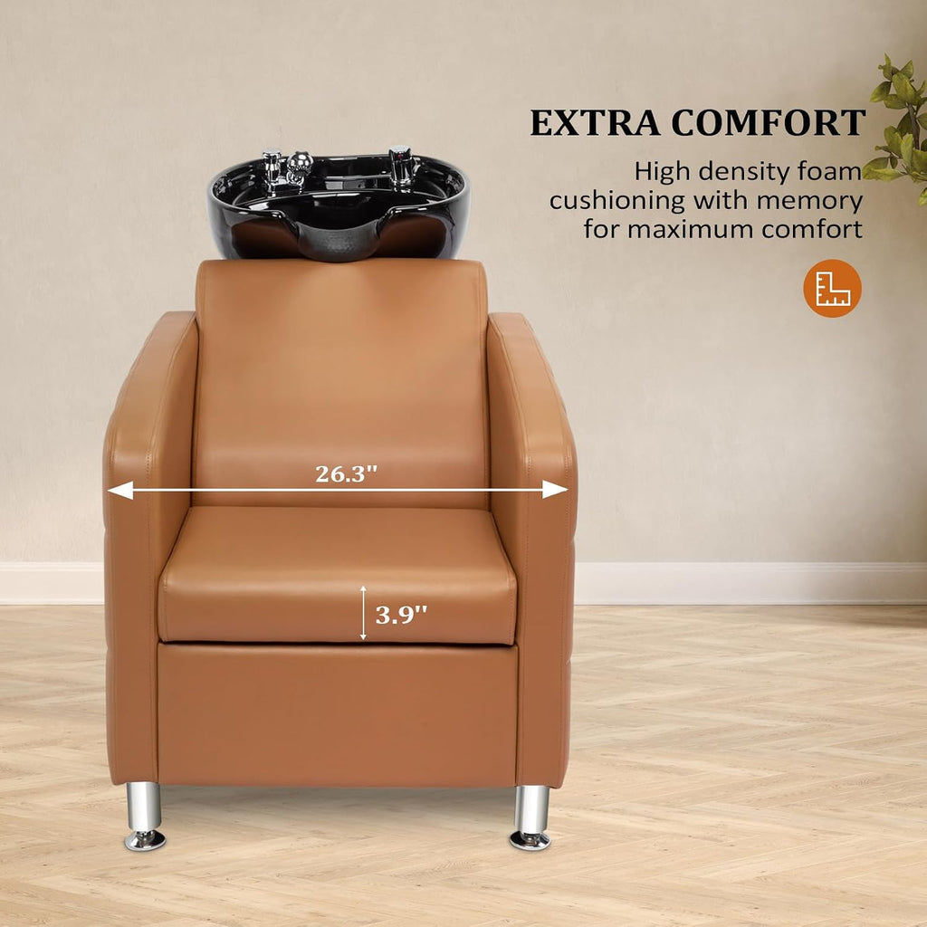 Salon Shampoo Bowl and Chair, Extra Wide Seat & Porcelain Hair Washing Sink, Shampoo Unit for Beauty Spa Barbershop