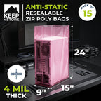 15" x 9" x 24" Pink Anti-Static Poly Bags, Pack of 15 - ESD Safe 4 Mil Plastic Bags for Electronics & Computer Parts