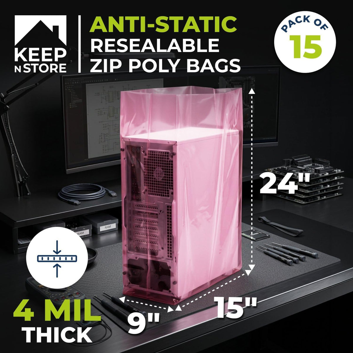 15" x 9" x 24" Pink Anti-Static Poly Bags, Pack of 15 - ESD Safe 4 Mil Plastic Bags for Electronics & Computer Parts