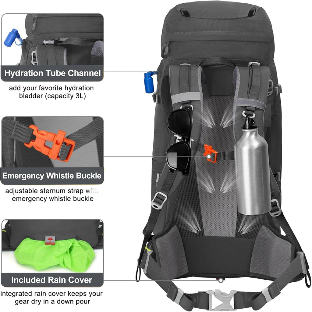 Internal Frame Hiking Backpack 50/60/65/70/80L, Mountain Climbing Camping Backpack Daypack Waterproof Rain Cover