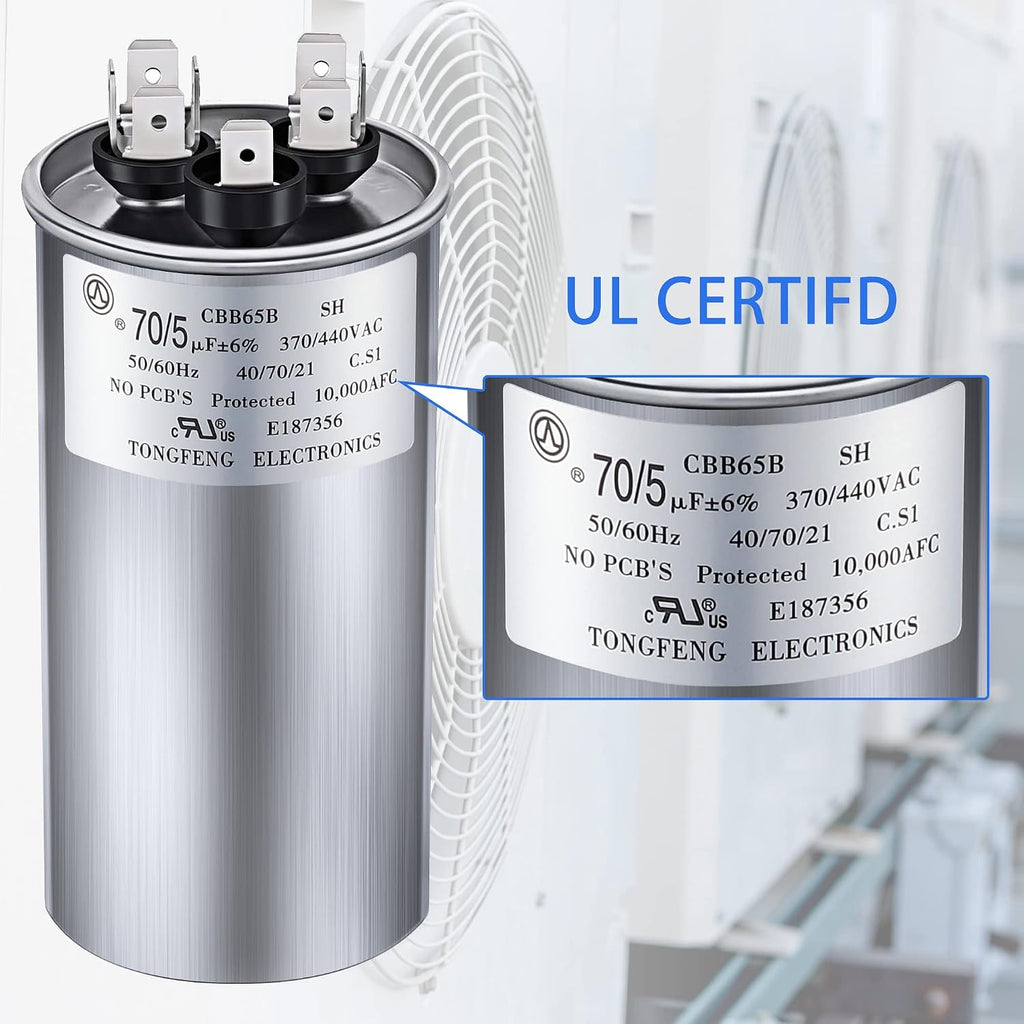 Fiada 70/5 MFD uF 370/440V CBB65 Dual Run Round Capacitor for AC Motor